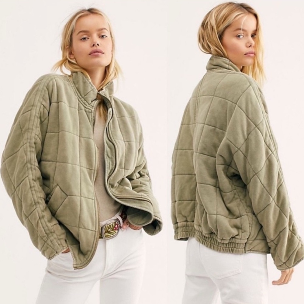 Free People Green Bomber Jacket with Diamond Quilting